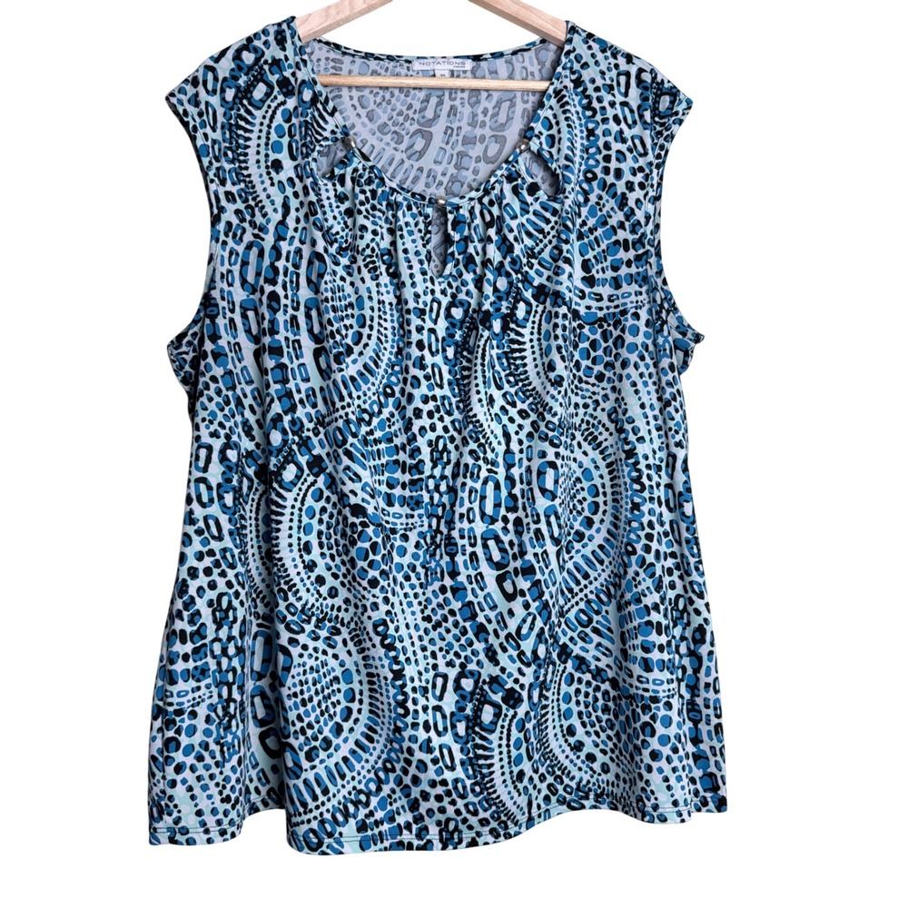 Notations Plus Size 3X Blue Black Animal Print Abstract Keyhole Sleeveless Top